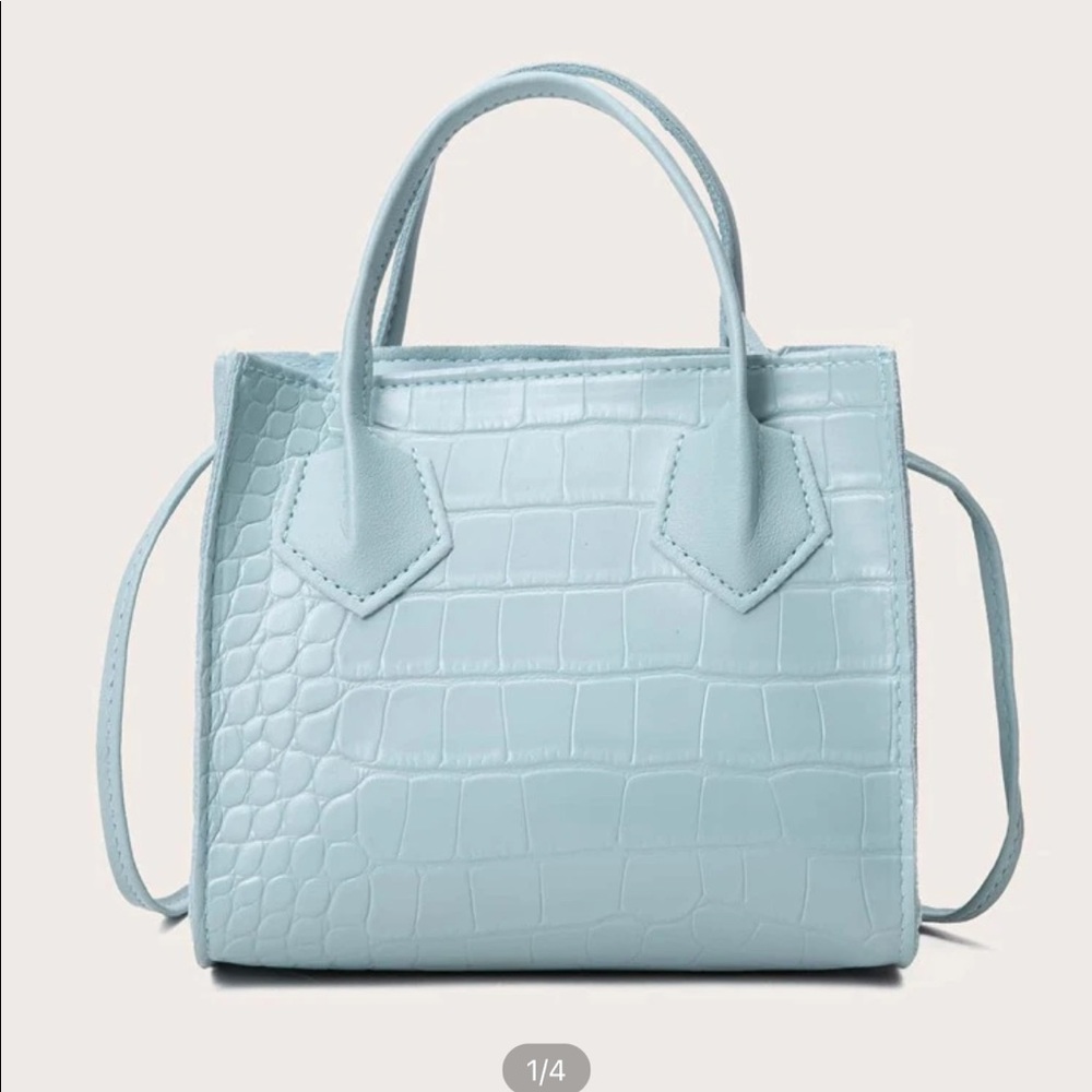 Baby blue faux croc embossed satchel purse